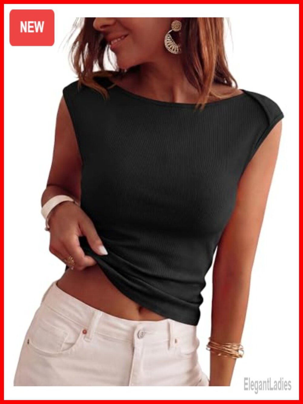 Ribbed Knit Tank Top Slim Fit Ruched Waist Boat Neck Casual Summer